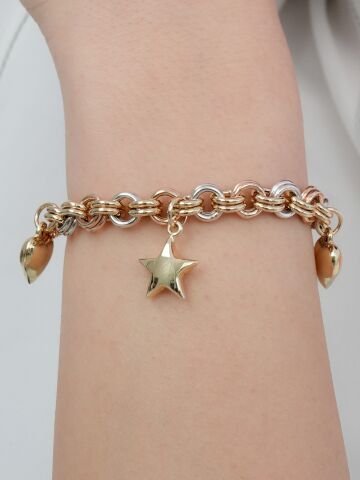 14 Ayar Altın Yıldız ve Kalp Charm Bileklik