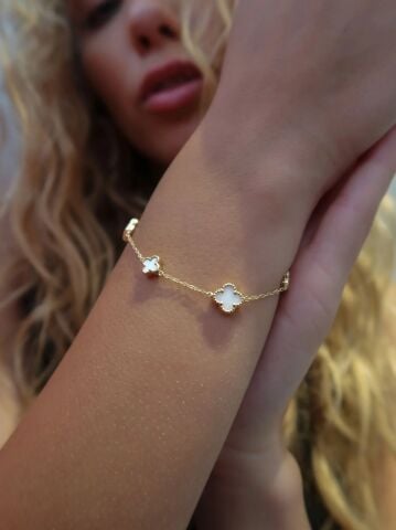 14 Ayar Altın Küçük Beyaz Yonca Bileklik