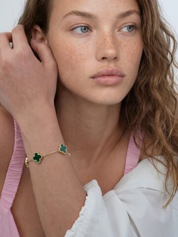 14 Ayar Altın Büyük Yeşil Yonca Bileklik