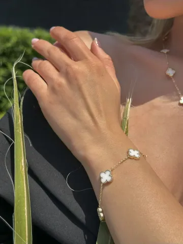 14 Ayar Altın Beyaz Yonca Bileklik