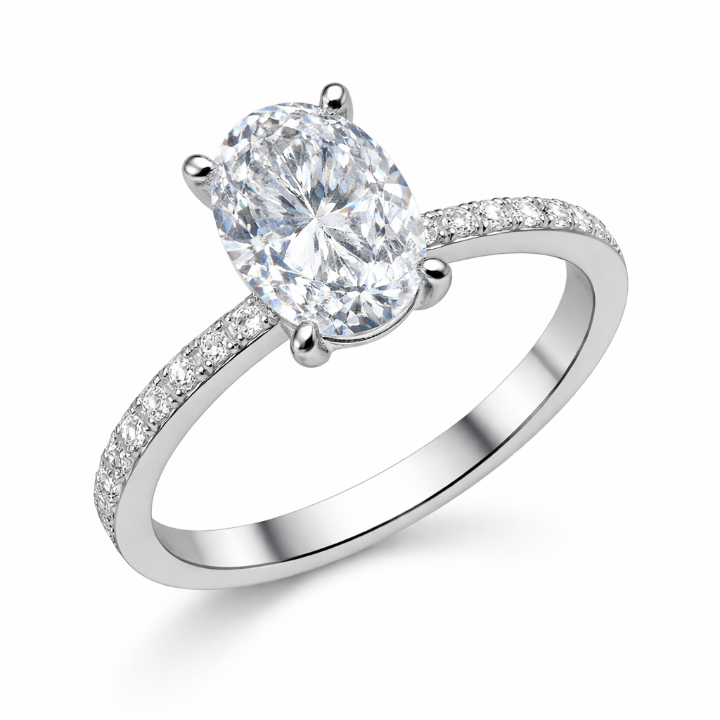 14 Ayar Beyaz Altın Oval Tektaş Yüzük