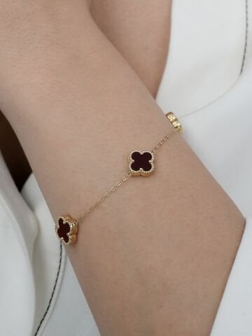 14 Ayar Bordo Renk Küçük Yonca Altın Bileklik