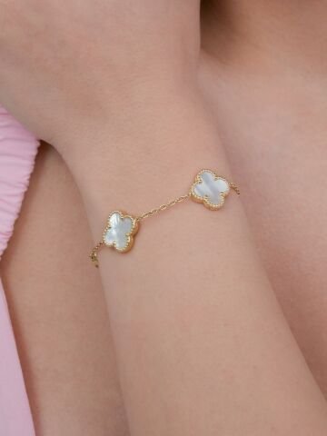 14 Ayar Sedef Taşlı Büyük Yonca Altın Bileklik